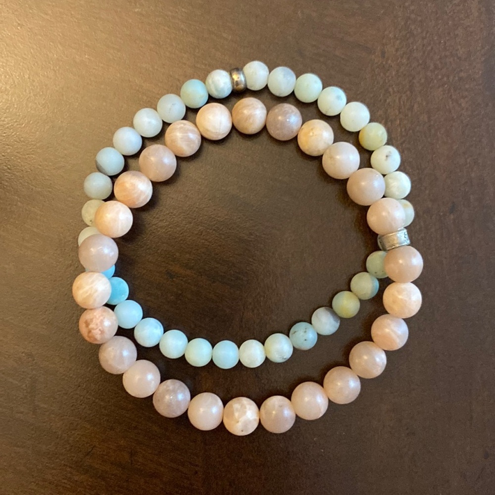 Set of two mala bracelets, sunstone and amazonite